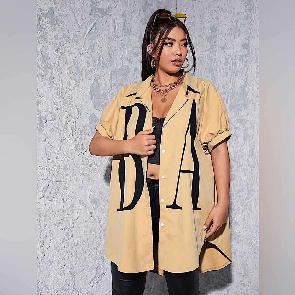 SHEIN Coolane Plus Letter Graphic Lantern Sleeve Curved Hem Blouse - Khaki 2XL